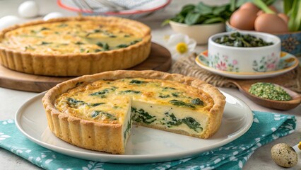 Cottage cheese and spinach quiche baked to a perfect golden brown on a spring afternoon