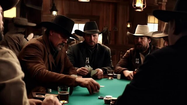 Cowboys playing cards in a rustic saloon during the late afternoon