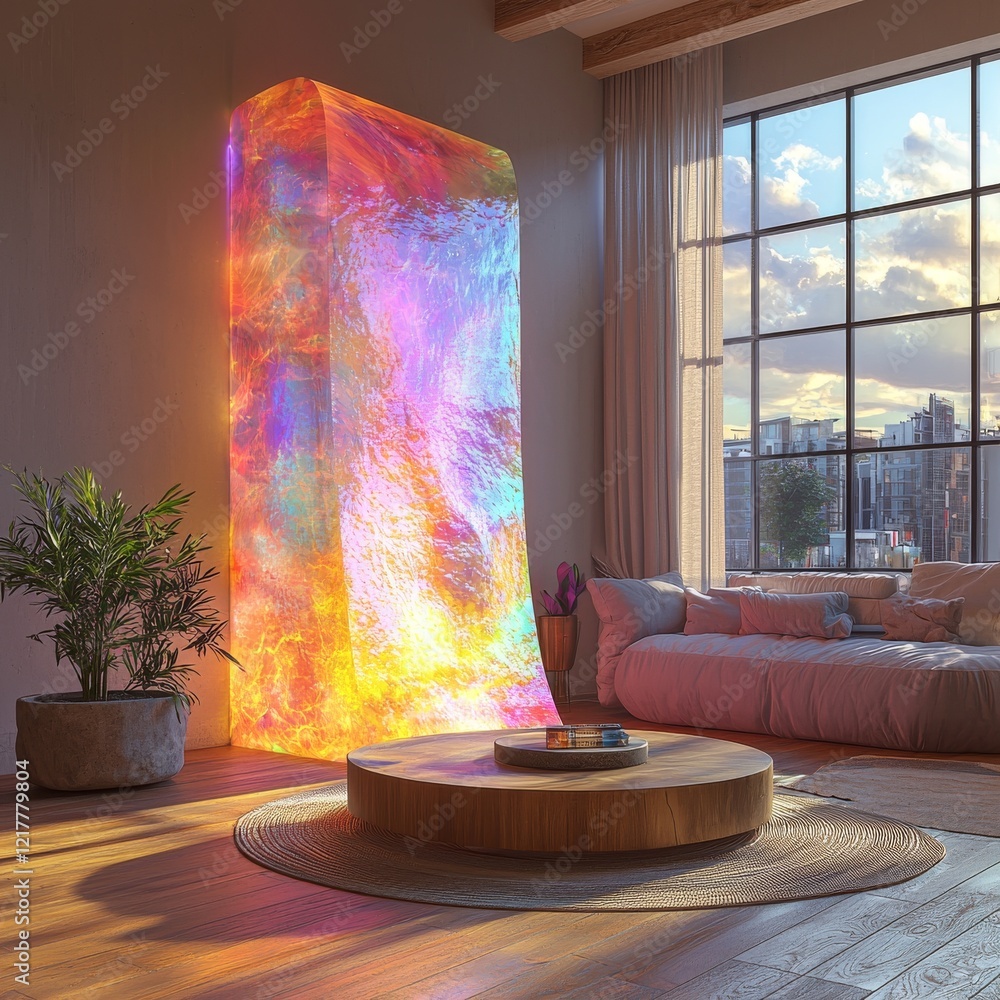 Poster modern design concept utilizing ar technology. a room featuring a large screen showing an apartment 