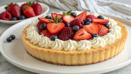 Cottage cheese tart with fresh berries and a shortbread crust served as a delightful dessert option in a cozy kitchen setting
