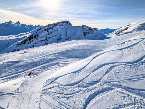 Aerial drone view of snow covered ski slopes at Stoos,Switzerland