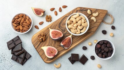 Fototapeta premium Healthy snack board featuring almonds, figs, nuts, and dark chocolate on a wooden platter