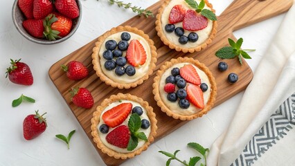 Exquisite flat lay of cottage cheese Easter tarts topped with fresh strawberries and blueberries on a wooden board