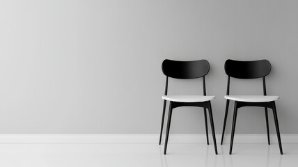 Two black and white chairs against a gray wall.