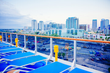 Tampa, Florida USA - Jan 24, 2025: Tampa downtown cruise port and city skyline and skyscraper in the early morning	
