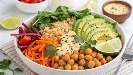 Fresh and vibrant vegan buddha bowl with quinoa, chickpeas, and colorful vegetables served for a healthy meal