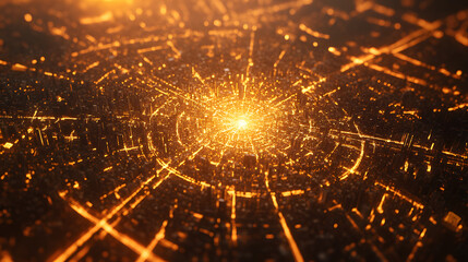Obraz premium A city map with illuminated pathways converging at a central hub symbolizing key points and connectivity.