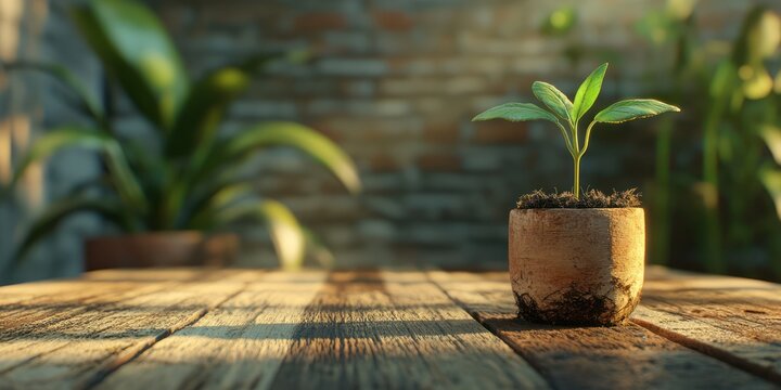 Young plant pot, wooden table, brick background, growth