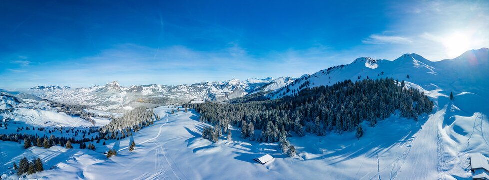 Aerial drone view of snow covered ski slopes at Stoos,Switzerland