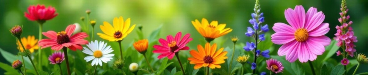 Fototapeta premium Freshly picked bouquet of wildflowers with greenery, garden, nature