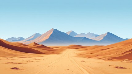 Landscape of Golden Sand Dunes With Distant Mountains Under a Clear Blue Sky During Mid-Day in a Tranquil Desert Environment