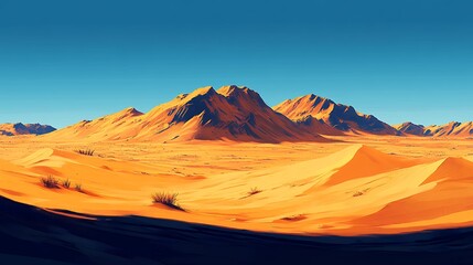 Fototapeta premium Vast Desert Landscape Under a Clear Blue Sky Showcasing Rugged Mountains and Rolling Sand Dunes During Midday