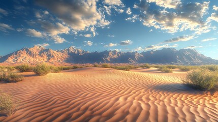 Naklejka premium Expansive Desert Landscape Showcasing Rippled Sand Dunes and Distant Mountains Under a Vibrant Sky