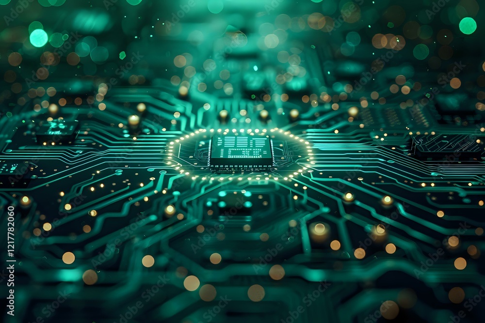 Aufkleber glowing microchip on circuit board with emerald green bokeh lights, digital technology concept perfe
