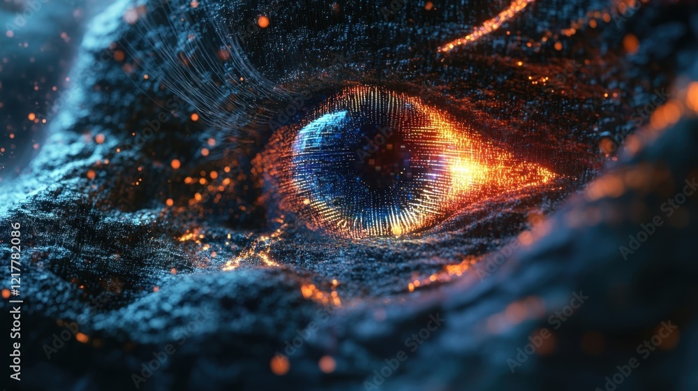 Poster orange and blue digital eye formed by data streams emerging from dark particle surface, representing