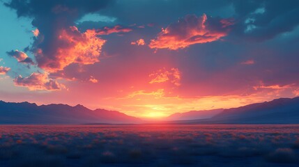 Fototapeta premium Vibrant Sunset Casts Brilliant Colors Over Mountains and Water Body in Serene Wilderness Landscape