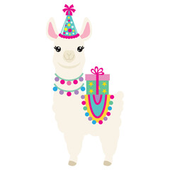 Cute birthday llama vector cartoon illustration
