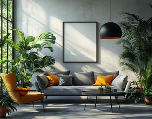 A modern living room design that combines minimalist trend furniture with a vintage aesthetic, utilizing augmented reality in a mockup format