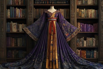 In a study filled with books with a variety of luxurious patterns, a beautiful purple dress with a variety of detailed floral patterns hangs on a hanger.