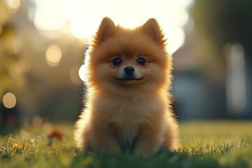 Obraz premium Photo of a cute pet Pomeranian puppy with brown fur sitting on the lawn in the front yard of a house at sunset