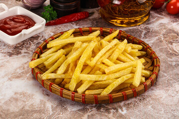 Golden French fries potato with sauce