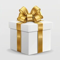 Obraz premium A high-resolution white gift box with a golden ribbon bow on top, isolated as PNG cutout on a transparent background with smooth, clean edges.