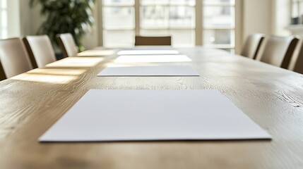 Conference room with light filtering in and papers on a wood table ready for meeting