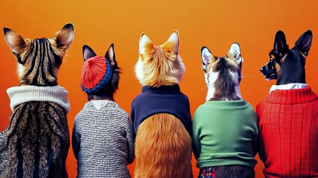 A group of cats wearing sweaters standing in a row