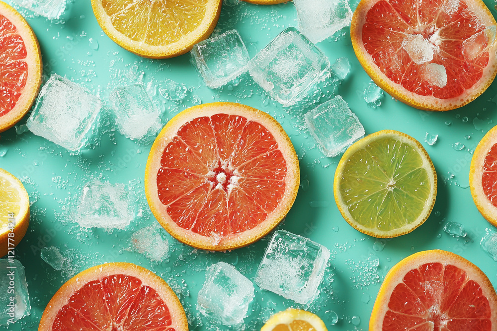 Poster refreshing summer pattern of citrus slices and ice on bright turquoise background evokes cool tropic
