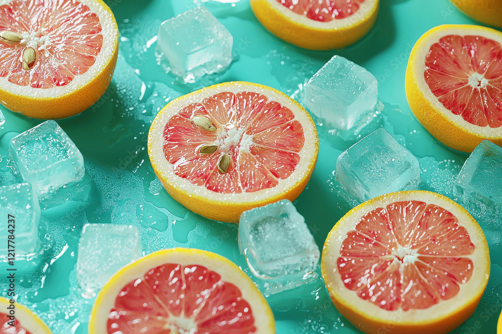 Poster refreshing summer pattern with citrus slices and ice cubes on a turquoise background evokes tropical