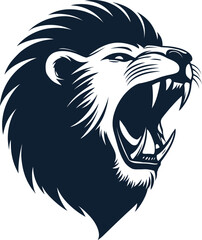 Fototapeta premium Powerful Lion Head Silhouette Logo: Fierce Roar, Bold Navy & White Graphic Design, Iconic Mascot Style Vector Art