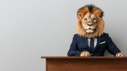 A lion in a suit sits at a desk, blending professionalism with a whimsical twist, creating a striking and humorous image.
