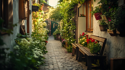Naklejka premium A cozy alley framed by flower boxes and rustic wooden benches.