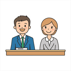 Fototapeta premium Professional Cartoon News Anchors Vector Illustration: Smiling Media Personalities in Minimalist Business Attire at a Studio Desk