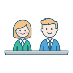Fototapeta premium Professional Cartoon News Anchors Vector Illustration: Smiling Media Personalities in Minimalist Business Attire at a Studio Desk