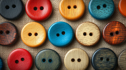 Colorful buttons arranged on fabric surface.