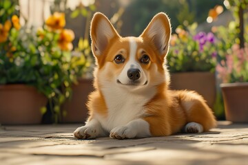 This is a photo of a cute little pet Welsh Corgi lying on a sunny veranda with many flower pots in bloom.