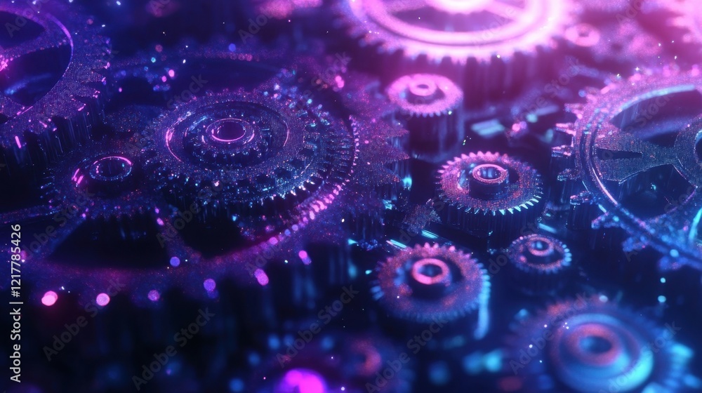Poster complex interlocking gears bathed in vibrant neon light, symbolizing the intricate workings of a fut