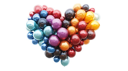 A heart-shaped balloon bouquet in various colors, isolated on white background in HD