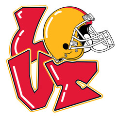 love - gold  and red football player helmet, sport vector graphics, hockey, for street art - graffiti lettering typography - art illustration - multicolor - writen	