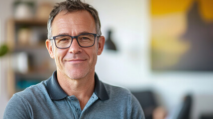Fototapeta premium Portrait of a cheerful middle-aged man with glasses, wearing a polo shirt, standing in his home office, looking warmly into the camera
