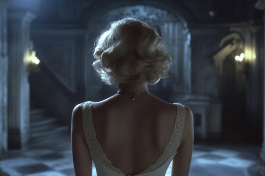 A mysterious woman in a vintage dress stands elegantly at the grand staircase, surrounded by dramatic lighting and architectural details, evoking a sense of intrigue and nostalgia.