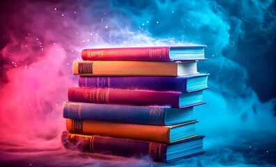 Old books stacked on top of each other are surrounded by colorful smoke, creating a mysterious atmosphere
