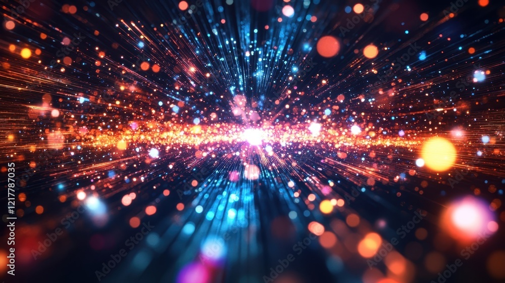 Poster light streaks and particles radiate outwards from a central bright point, creating a dynamic and col