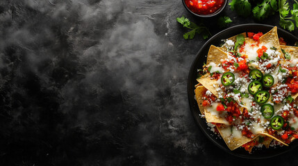 Plate of Nachos Topped with Melted Cheese, Jalape&ntilde;os, and Salsa, Arranged on the Leftmost Side of a Dark Stone Background, with Space on the Right for Text copy space

