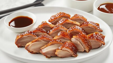 Clean white plate featuring crispy slices of Peking duck with hoisin sauce