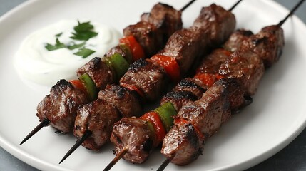 Clean white plate featuring lamb kebab skewers arranged with a side of yogurt sauce