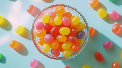 A bowl of colorful jellybeans on a blue background.
