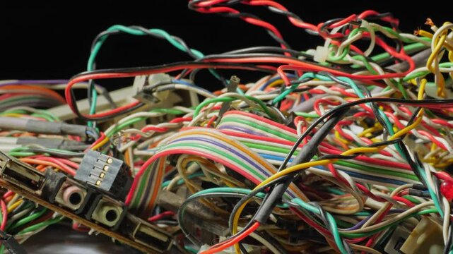 A close-up shot of a jumbled mess of colorful electronic cables and wires. This abstract footage can represent complexity, chaos, or the challenges of technology