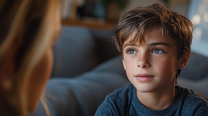 Obraz premium Young Boy Engages in Meaningful Conversation With a Parent in a Cozy Indoor Setting During Afternoon Hours